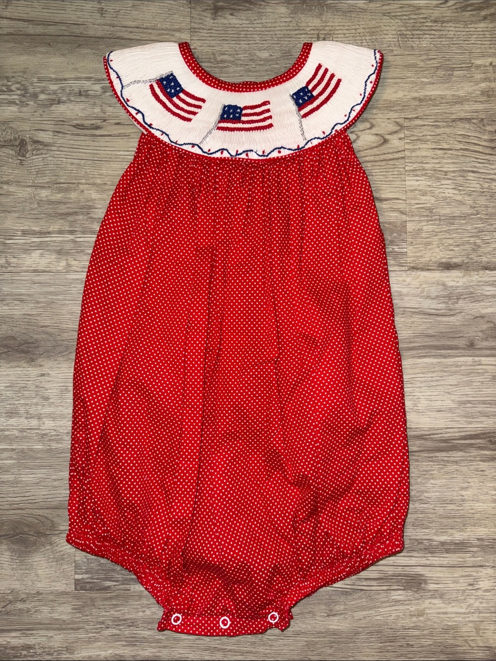 Shockingbird Red Smocked Patriotic Girl Bubble Romper with Flag Collar 24M